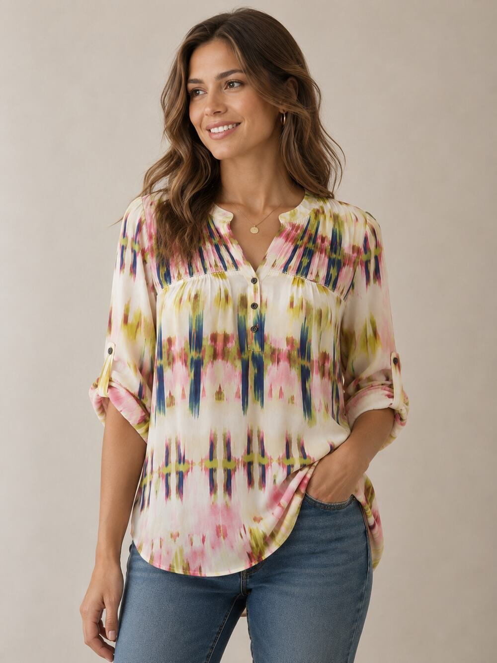 Vintage America Watercolor Print Blouse V-Neck Medium Boho Cottagecore Artsy